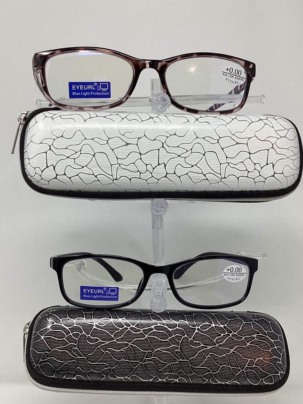 2 Pairs Blue Light Reading Glasses w/cases -0.00- Animal Print & Black -NWOT G10